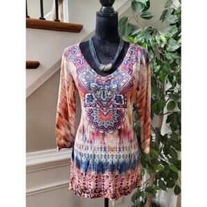 World Unity Women's Multicolor Polyester V-Neck Long Sleeve Casual Top Blouse M